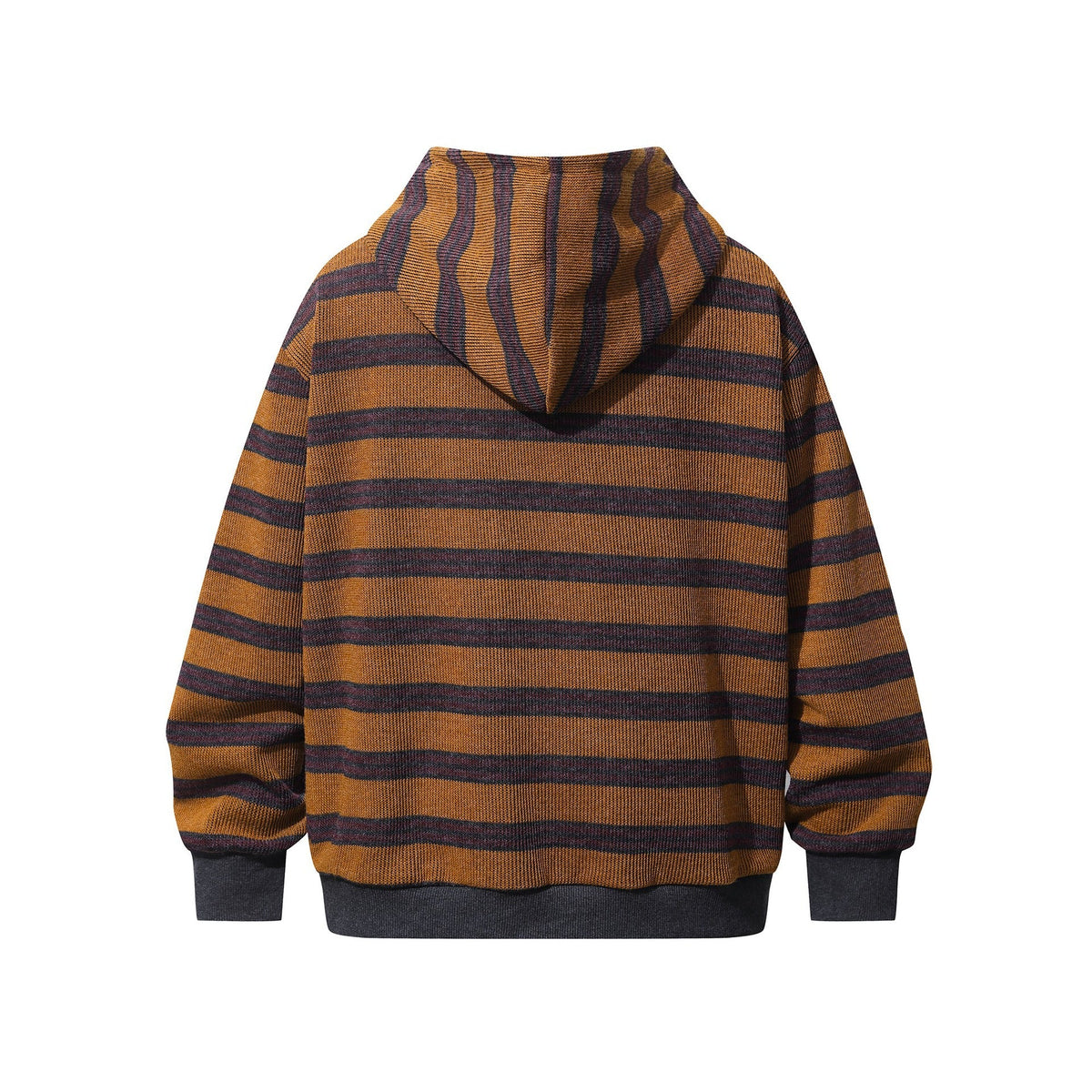 Back view of an Urban Fashion & Streetwear | Craftklart striped full zip hoodie in earthy brown and dark grey tones.