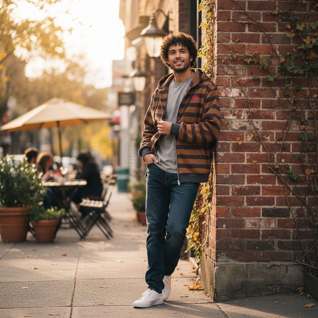 A man wearing an Urban Fashion & Streetwear | Craftklart striped full zip hoodie with jeans on a city sidewalk.