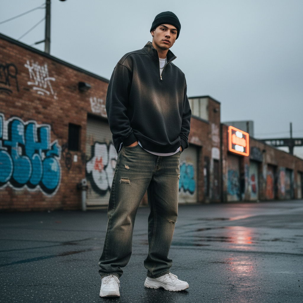 Urban Fashion & Streetwear | Craftklart sun-faded black quarter-zip sweatshirt with raw edges worn by a model outdoors.