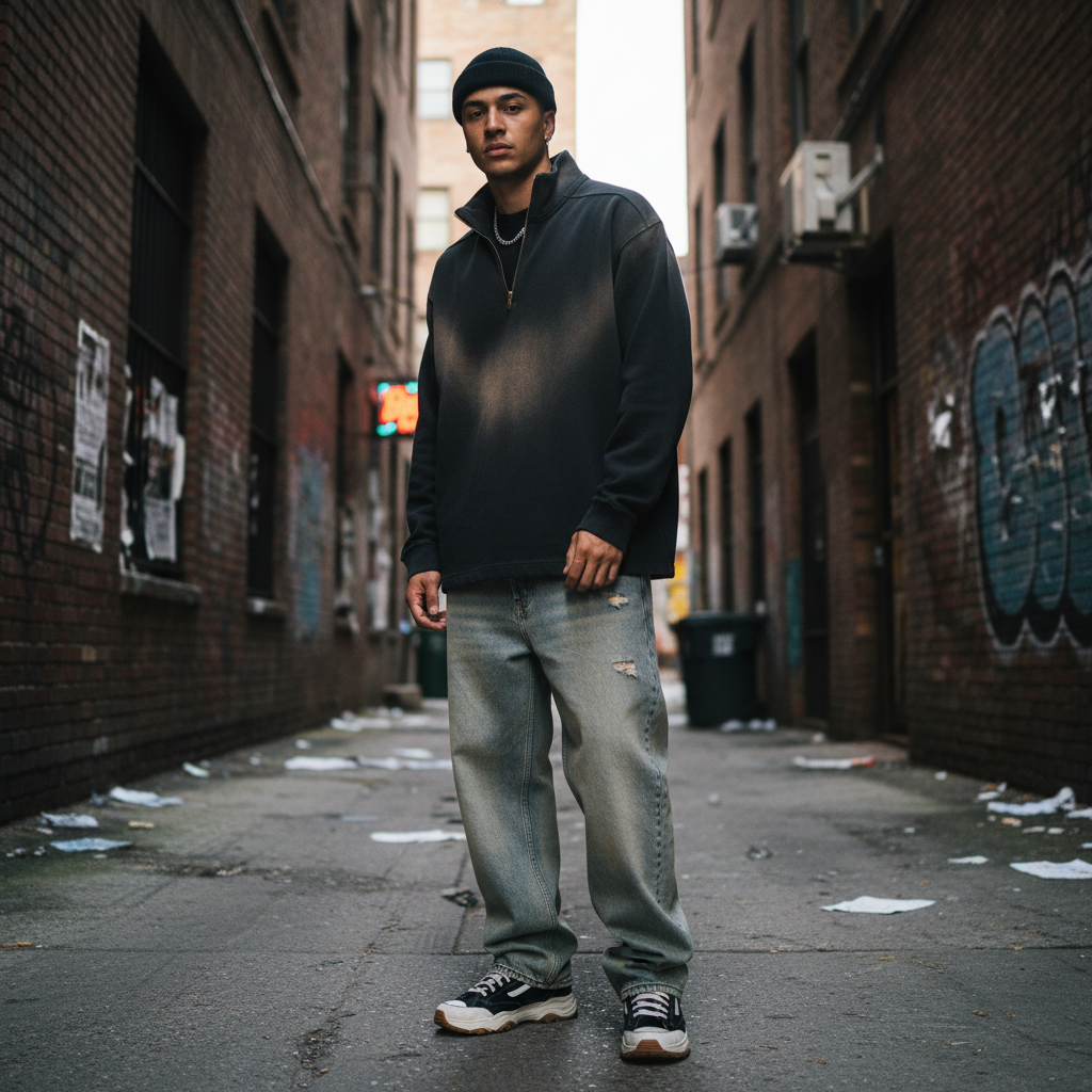Urban Fashion & Streetwear | Craftklart sun-faded black quarter-zip sweatshirt with raw edges worn by a man in an alley