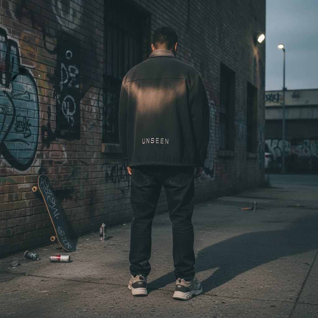 Urban Fashion & Streetwear | Craftklart sun-faded quarter-zip sweatshirt with UNSEEN branding on back in urban alley.