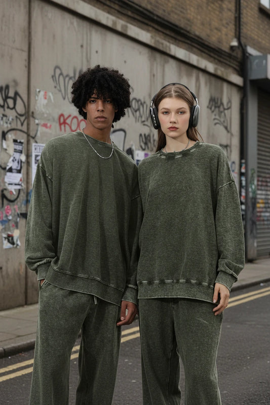 Oversized retro-style men's and women's coffee-colored sweater with a washed-out look, round neck, and loose fit, perfect for streetwear.