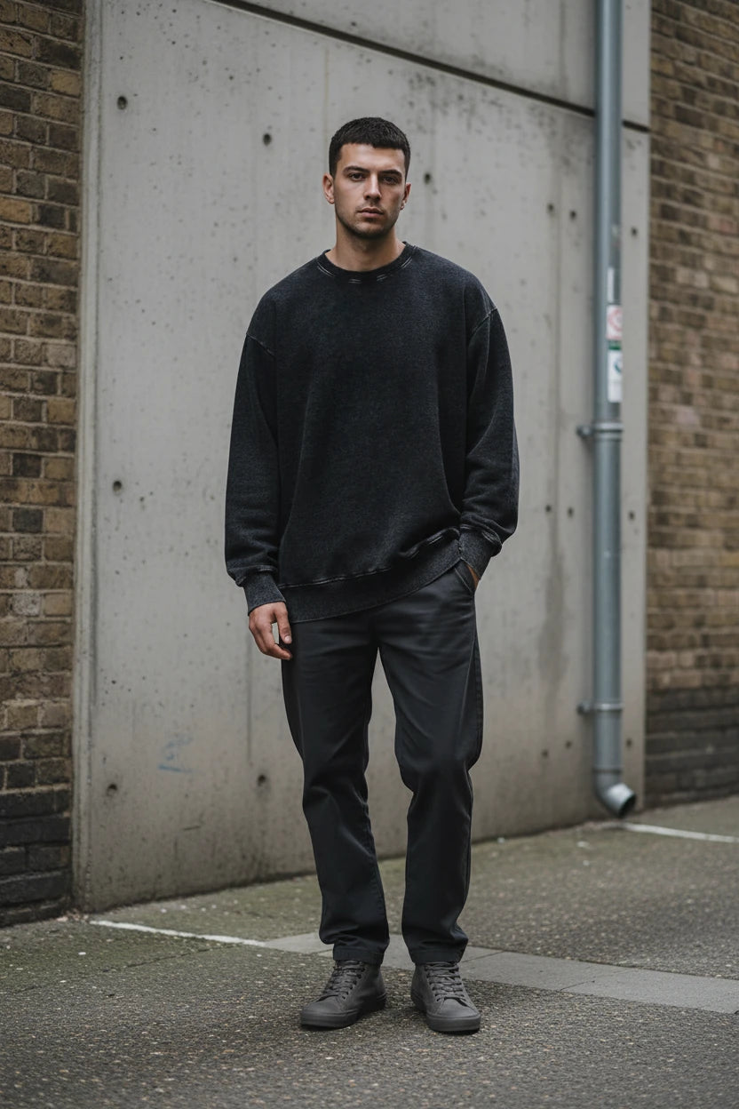 Oversized men's and women's retro-style coffee-colored hoodie with round neck, loose fit, washed-out finish, streetwear look.