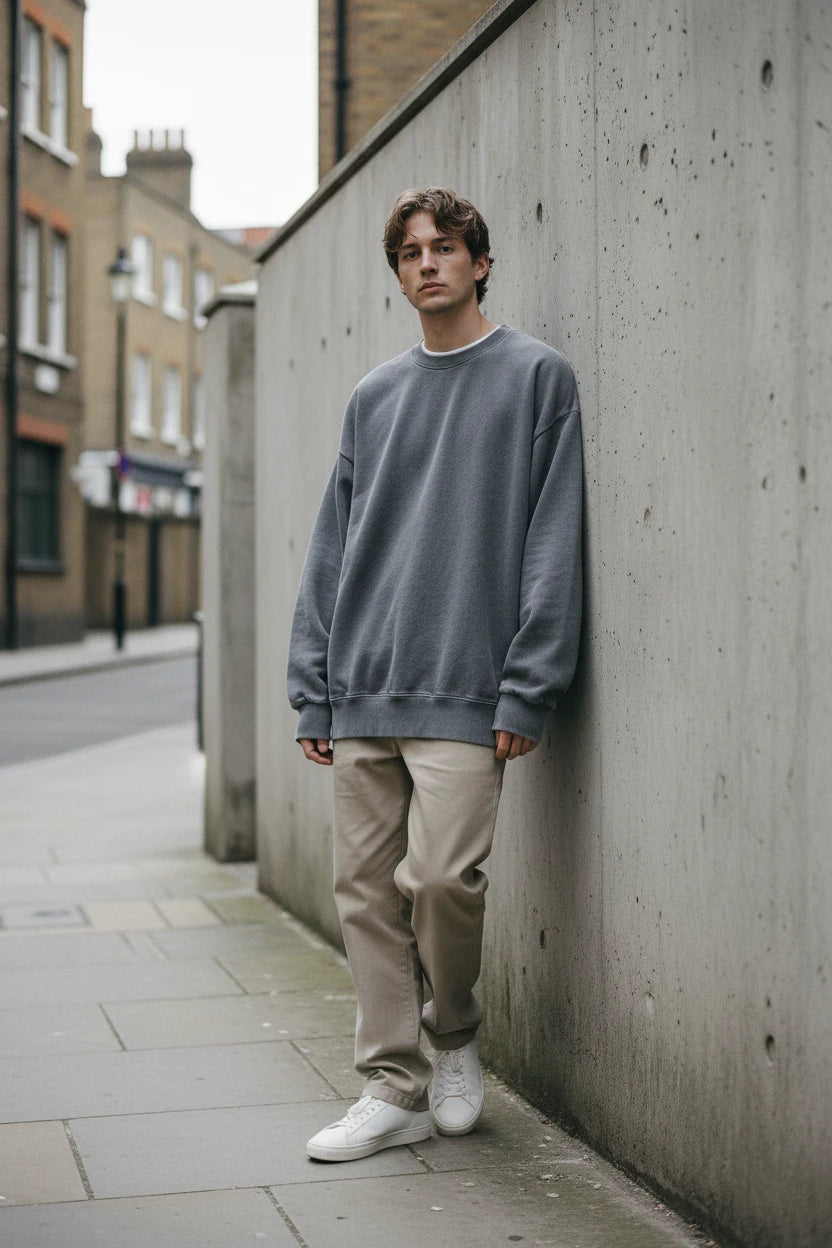 Oversize men's and women's coffee-colored streetwear sweater with round neck, retro solid color, washed-out, loose fit, urban style.