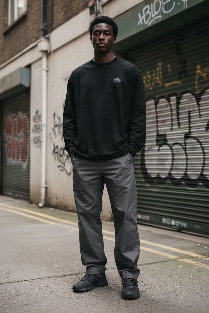 Black Urban Fashion & Streetwear sweatshirt featuring a premium heavyweight long sleeve shirt design, casual and stylish for streetwear looks.
