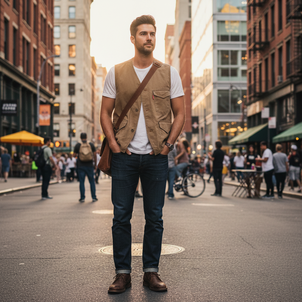 A man wearing an Urban Fashion & Streetwear | Craftklart tan cotton utility vest with pockets over a white t-shirt.