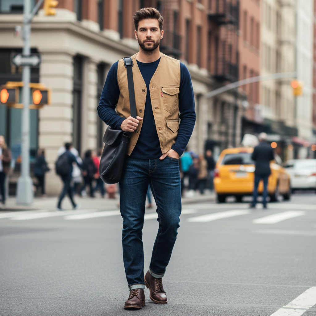 Urban Fashion & Streetwear | Craftklart man wearing a tan cotton utility vest with pockets over a navy sweater in NYC