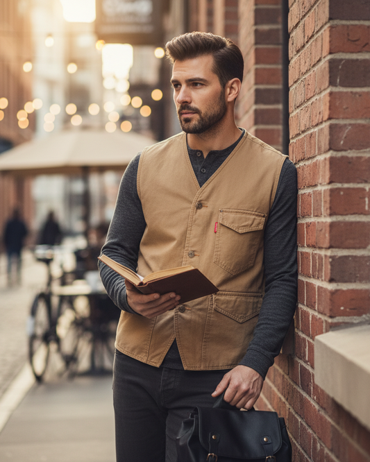 A man wearing an Urban Fashion & Streetwear | Craftklart tan cotton utility vest with pockets over a grey shirt.
