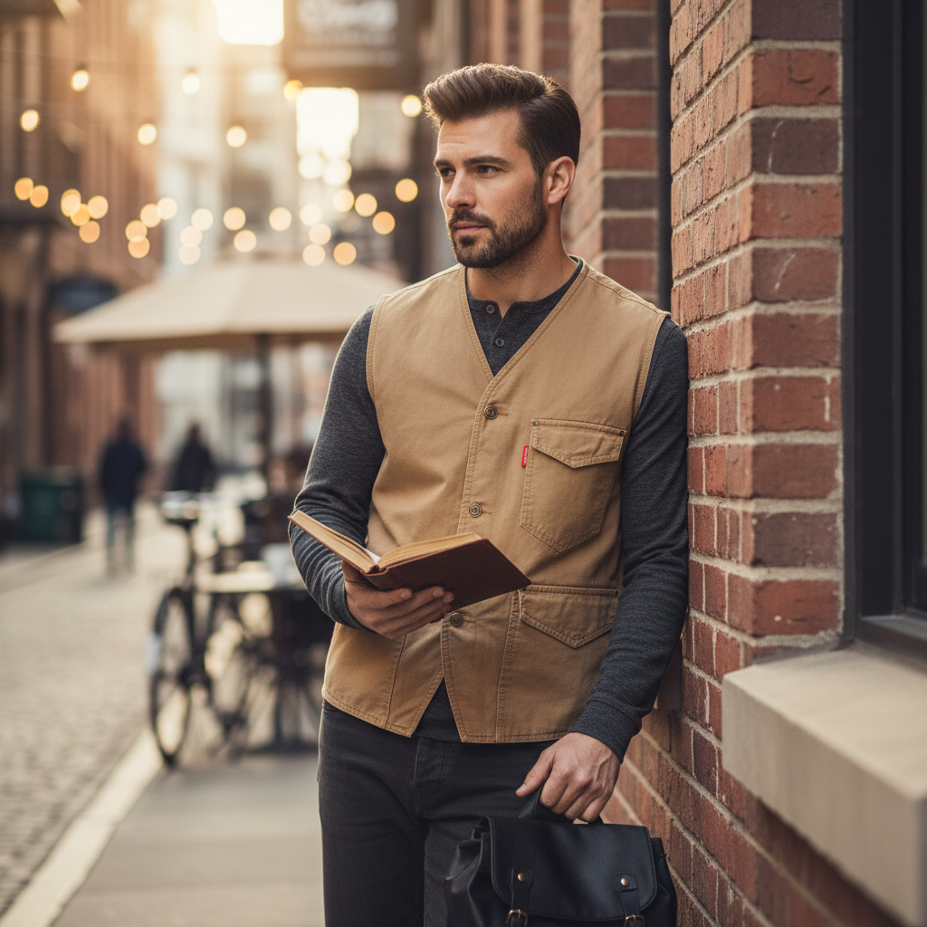 A man wearing an Urban Fashion & Streetwear | Craftklart tan cotton utility vest with pockets over a grey shirt.