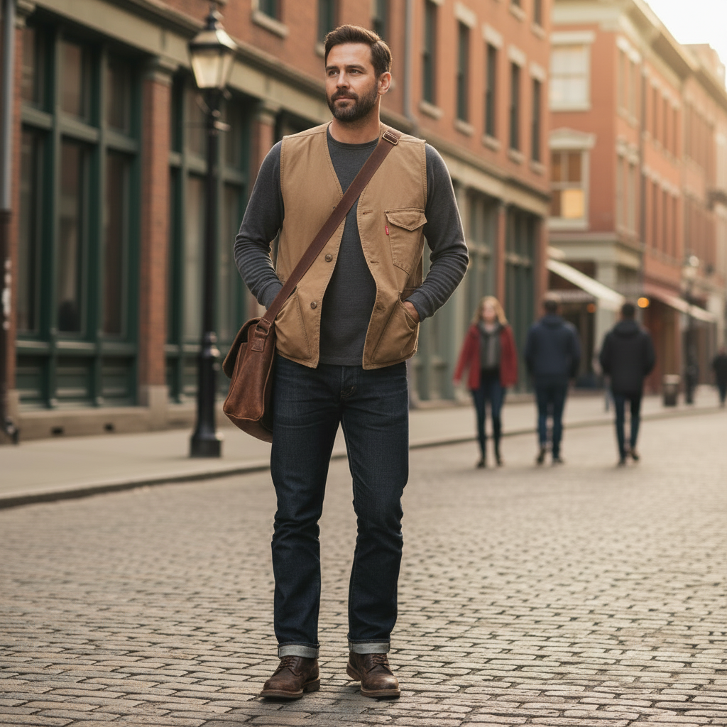 A man wearing an Urban Fashion & Streetwear | Craftklart tan cotton V-neck vest with pockets over a grey long-sleeve shirt