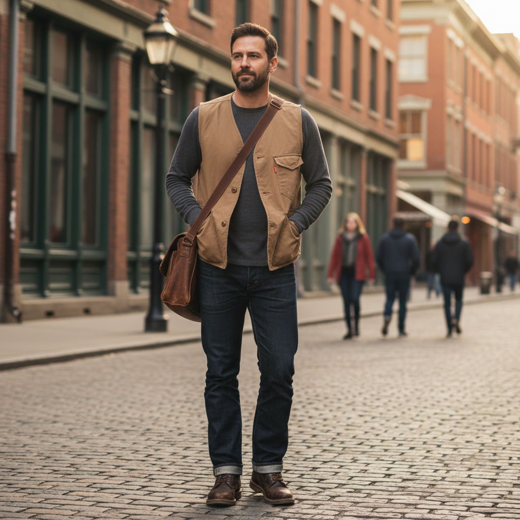 Urban Fashion & Streetwear | Craftklart men's retro tan cotton vest with pockets worn over a grey sweater on a street