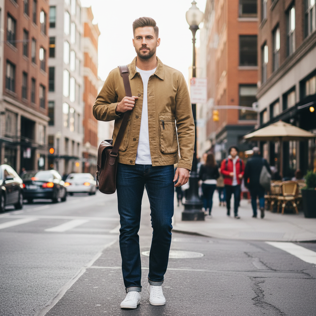 Urban Fashion & Streetwear | Craftklart men's tan cotton workwear jacket with pockets, worn over a white t-shirt.