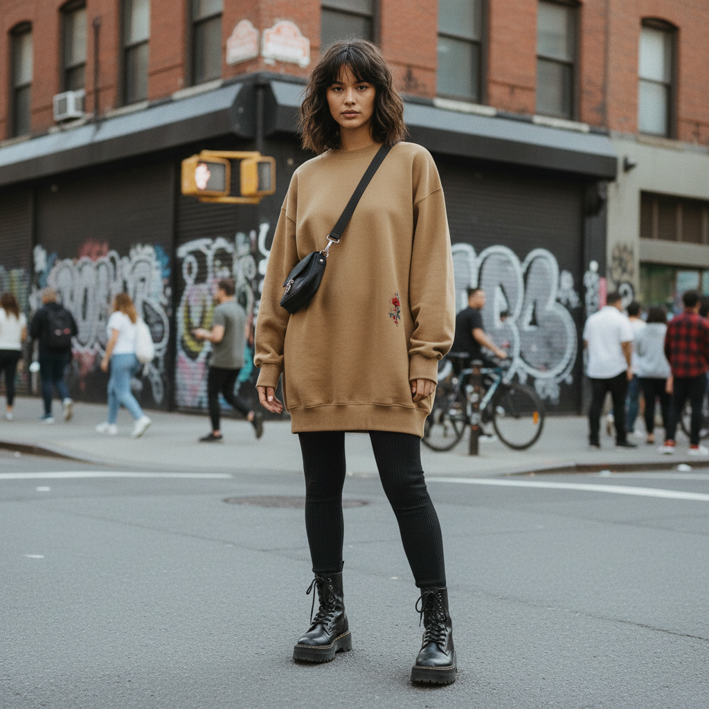 Urban Fashion & Streetwear | Craftklart oversized tan sweatshirt with rose embroidery worn by a woman in the city