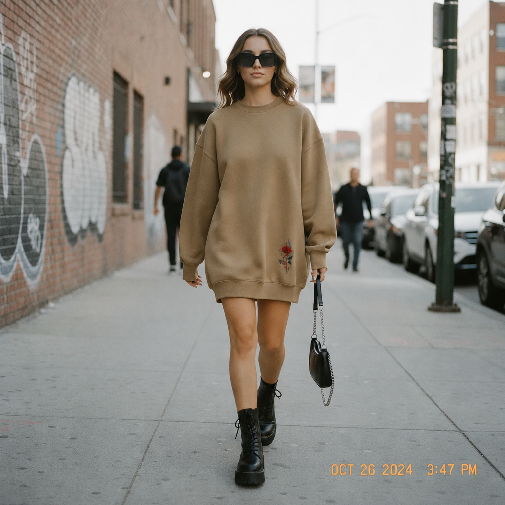 Urban Fashion & Streetwear | Craftklart oversized tan crewneck sweatshirt with rose detail worn by a woman on a street