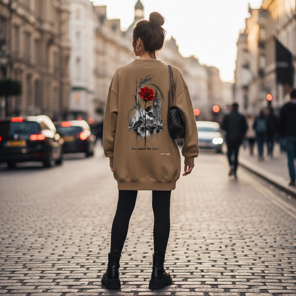 Urban Fashion & Streetwear | Craftklart oversized tan sweatshirt with London cityscape and red rose graphic on back