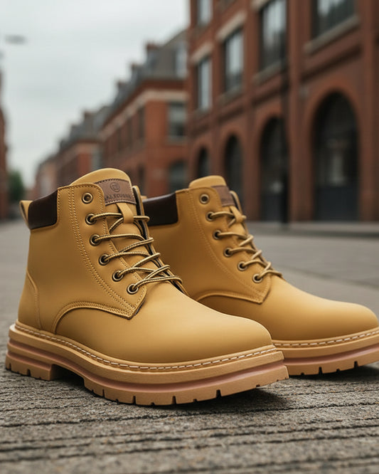 Urban Fashion & Streetwear | Craftklart tan lace-up ankle boots with a rugged lug sole and padded brown collar.