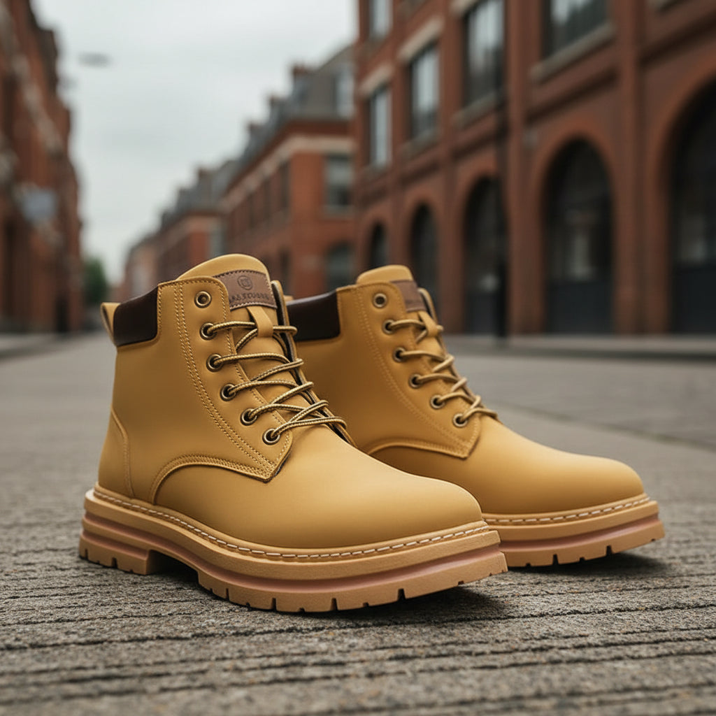 Urban Fashion & Streetwear | Craftklart tan lace-up ankle boots with a rugged lug sole and padded brown collar.