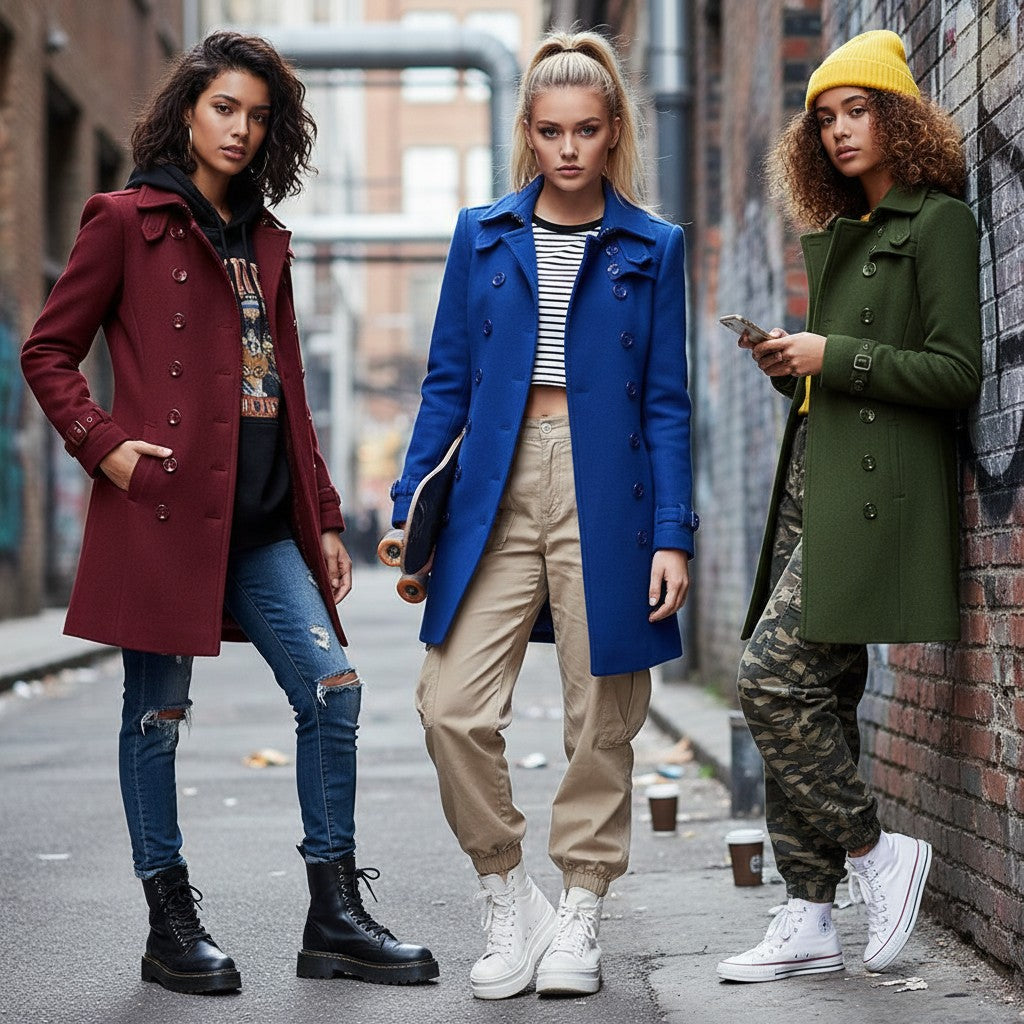 Three models wearing Urban Fashion & Streetwear | Craftklart double-breasted mid-length trench coats in burgundy, blue, and olive green.