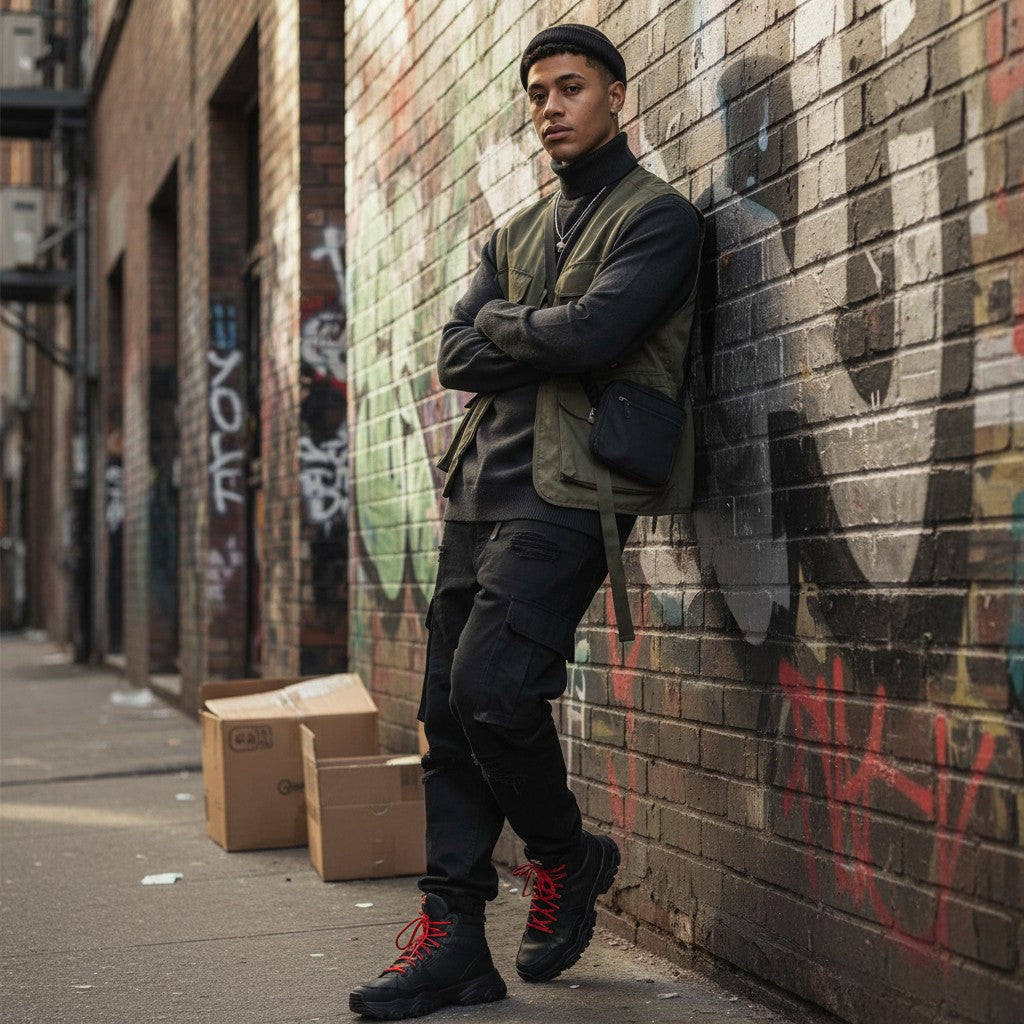 Urban Fashion & Streetwear | Craftklart turtleneck sweater worn by a man in a vest and cargo pants in an alleyway