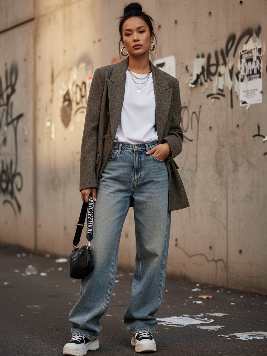 Urban Fashion & Streetwear | Craftklart vintage-style brown double-breasted blazer worn with jeans and a white tee