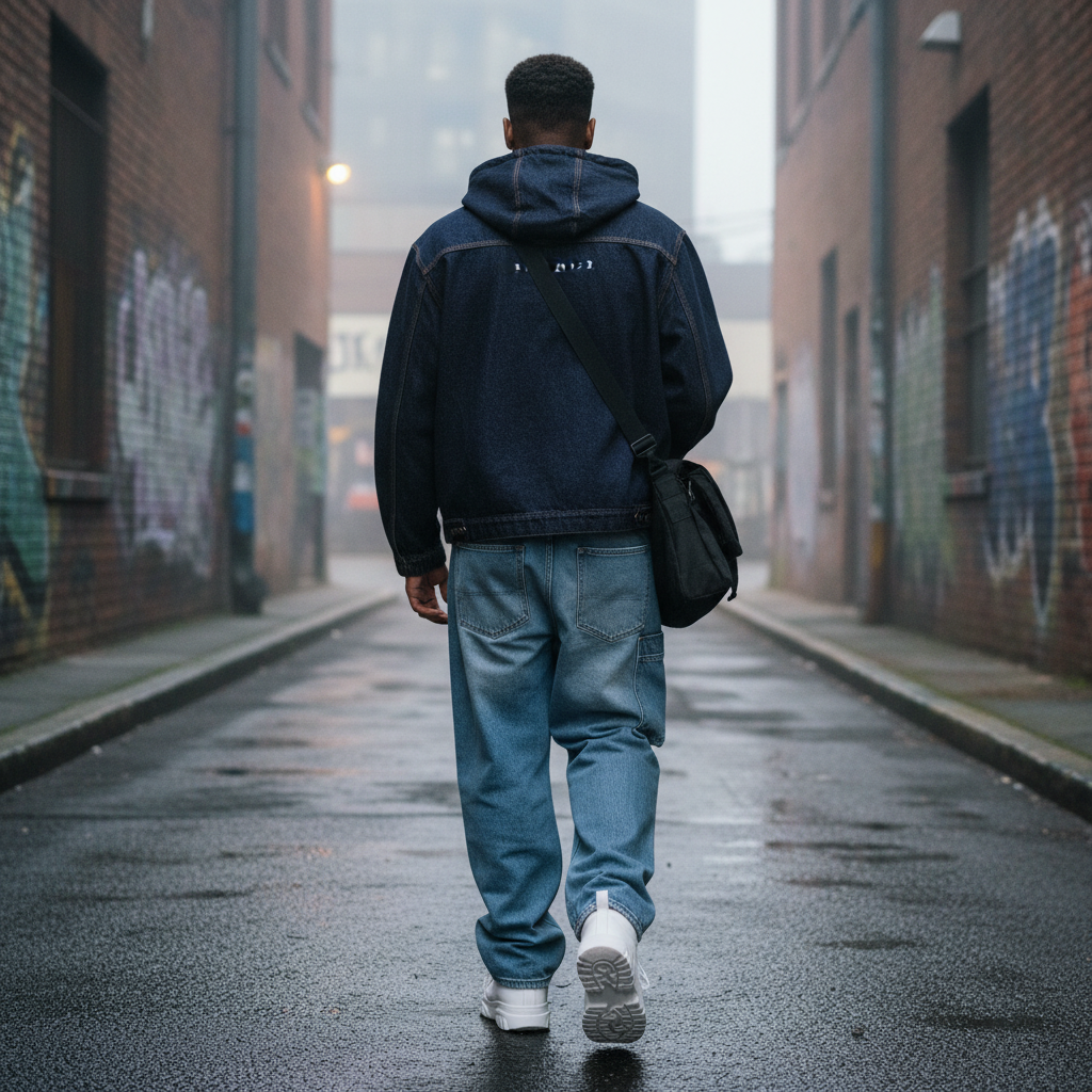 A man wearing a boxy vintage wash denim hooded jacket from Urban Fashion & Streetwear | Craftklart in a city alley.
