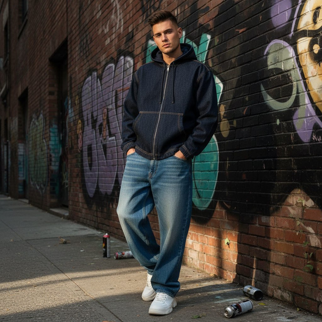 A man wearing an Urban Fashion & Streetwear | Craftklart boxy vintage wash denim hoodie with a full zip and pockets.