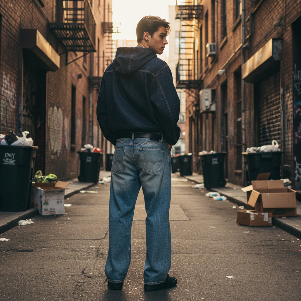 A man wearing a boxy vintage wash hooded denim jacket by Urban Fashion & Streetwear | Craftklart in an urban alley.