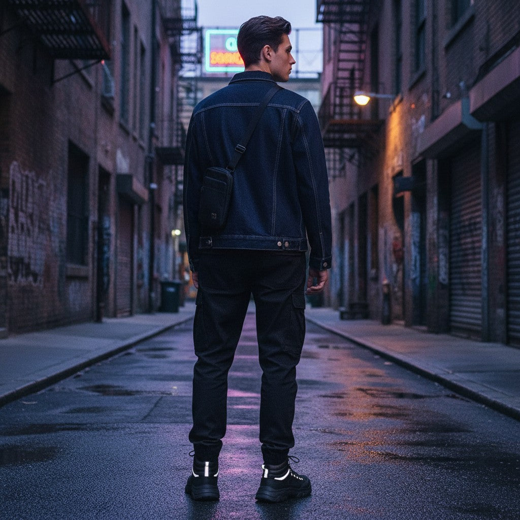 Urban Fashion & Streetwear | Craftklart vintage wash denim jacket worn by a man in a dark city alleyway at night.