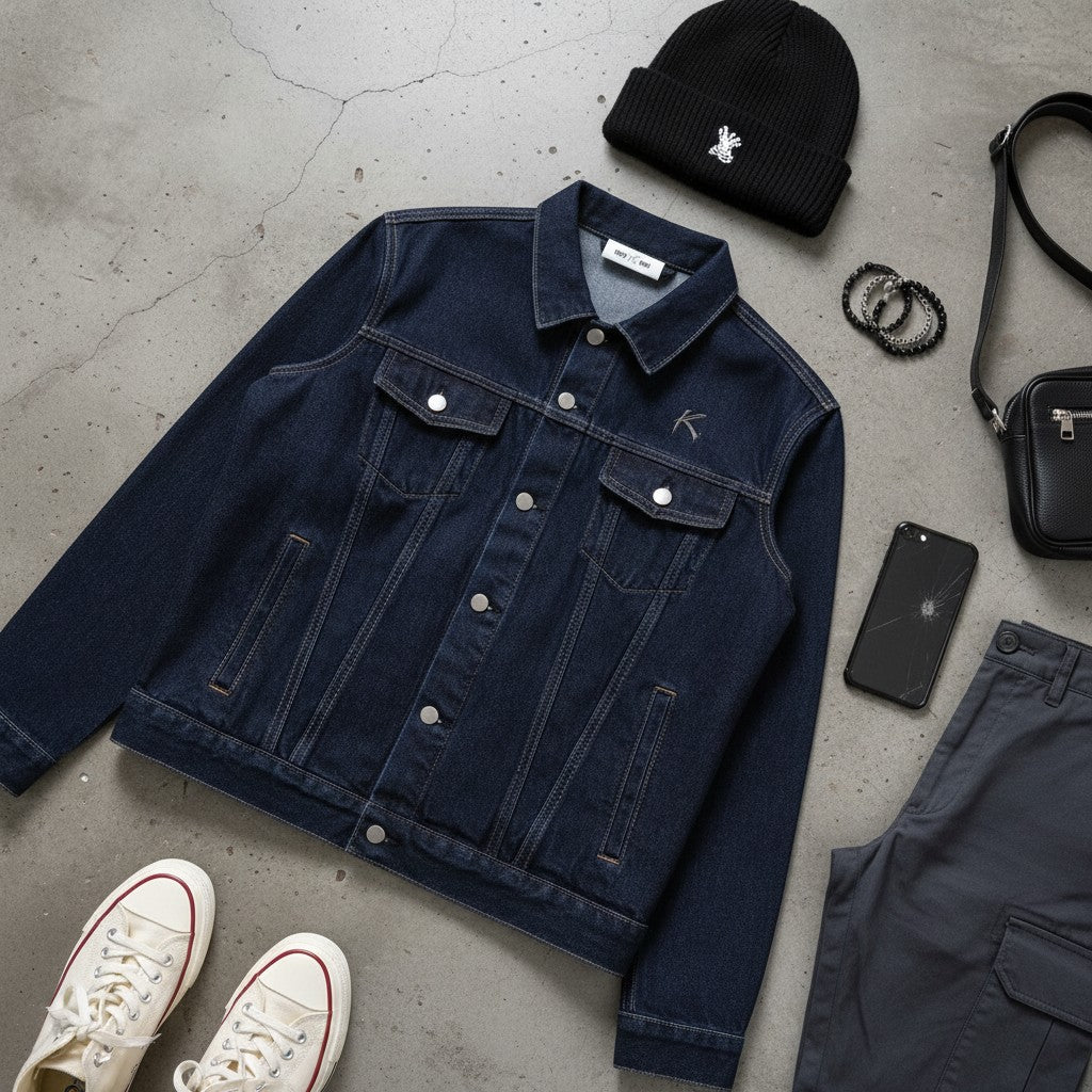 Urban Fashion & Streetwear | Craftklart vintage wash denim jacket styled with a beanie, sneakers, and accessories.