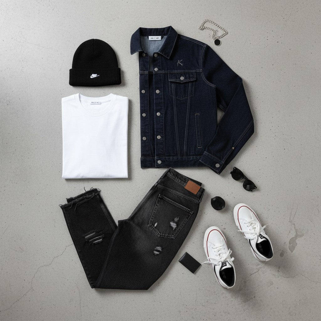 Urban Fashion & Streetwear | Craftklart vintage wash denim jacket styled with a white tee, black jeans, and sneakers.