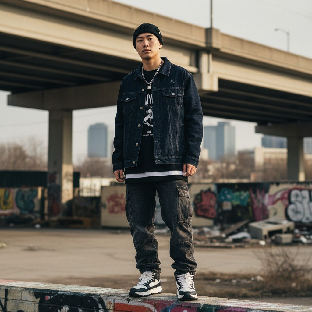 Model wearing an Urban Fashion & Streetwear | Craftklart vintage wash denim jacket in an urban setting.