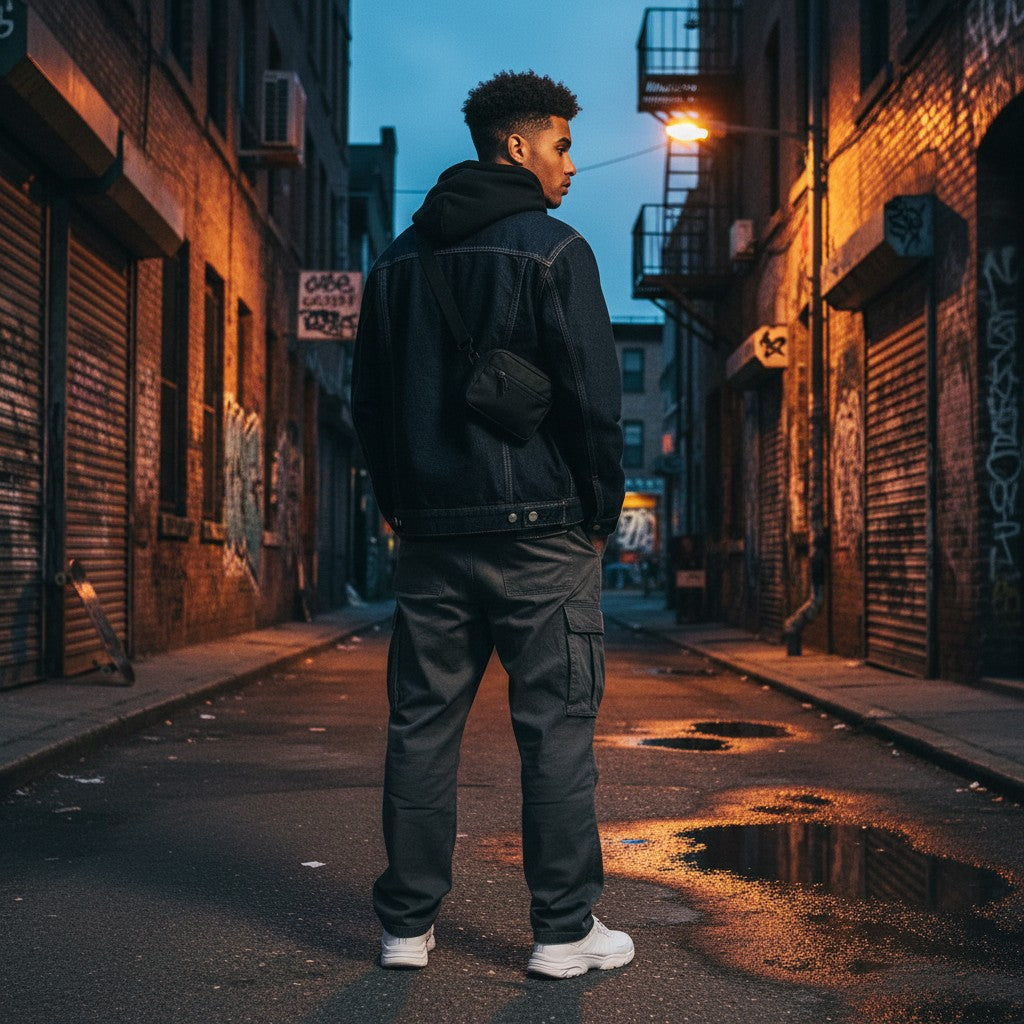 Urban Fashion & Streetwear | Craftklart vintage wash denim jacket worn by a man in a moody urban alleyway at night.