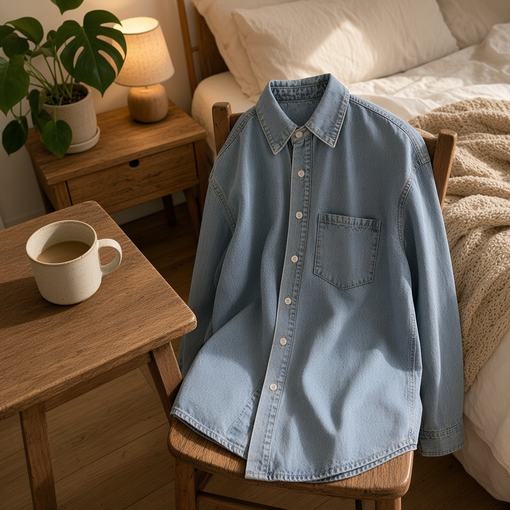 Urban Fashion & Streetwear | Craftklart unisex vintage wash denim shirt with a loose fit and patch pocket on a chair.