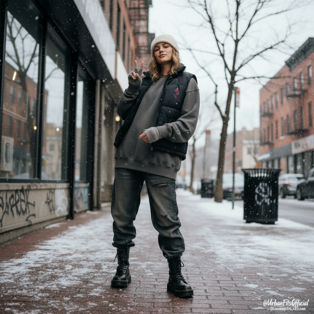 Woman wearing Urban Fashion & Streetwear | Craftklart vintage wash crewneck sweatshirt with rose detail in snowy city