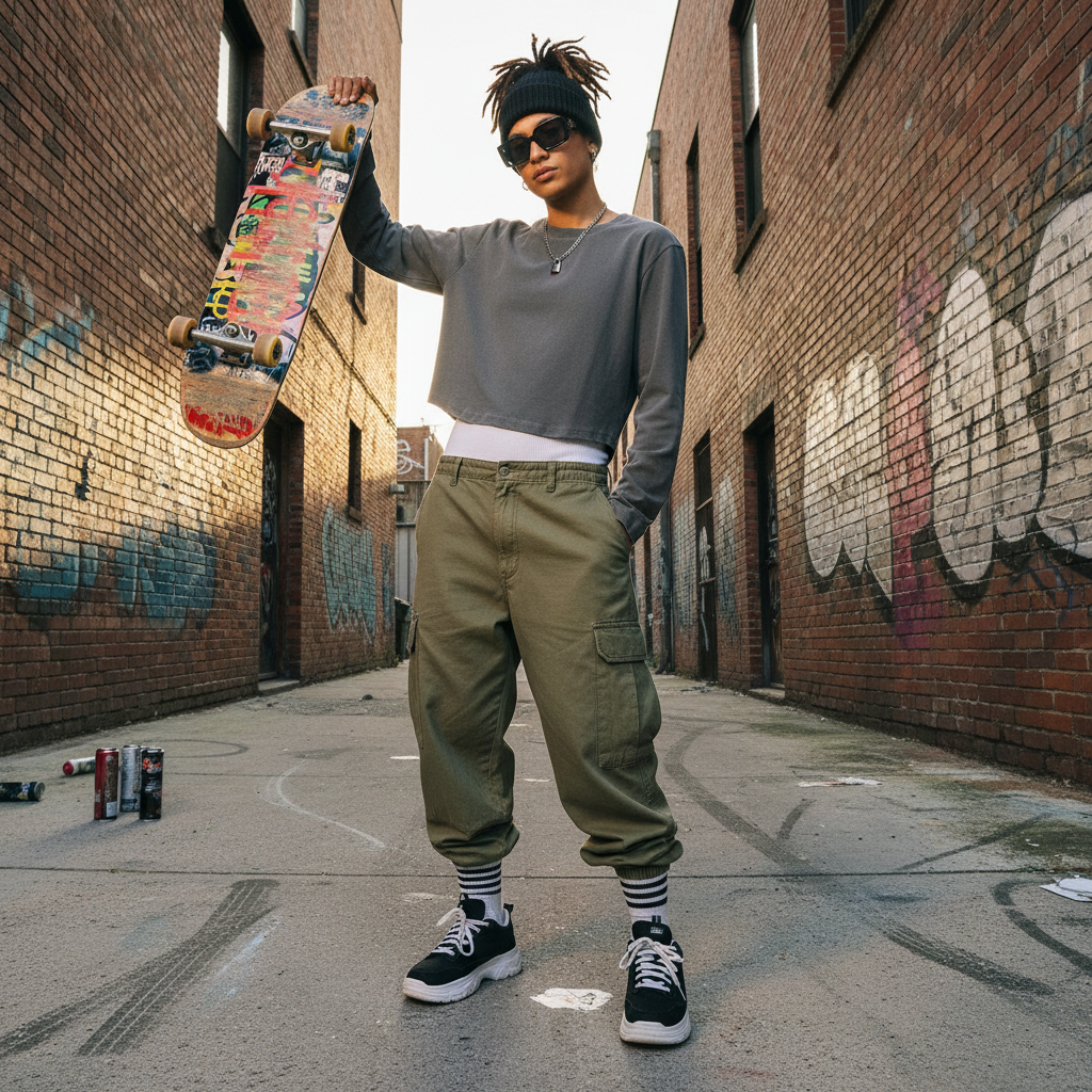 Urban Fashion & Streetwear | Craftklart vintage wash slim long sleeve crop t-shirt worn by a skater in an alley