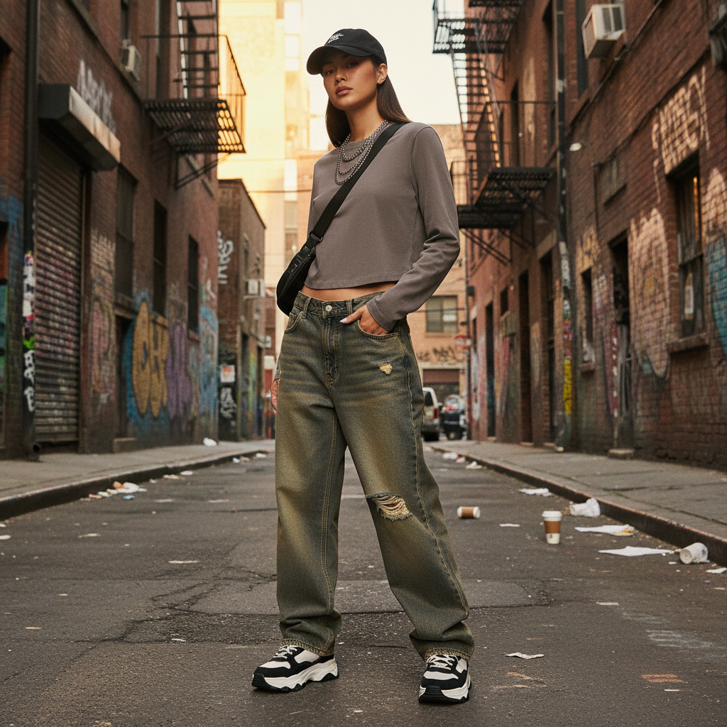 Urban Fashion & Streetwear | Craftklart vintage wash slim long sleeve crop top worn by a model in an alleyway.
