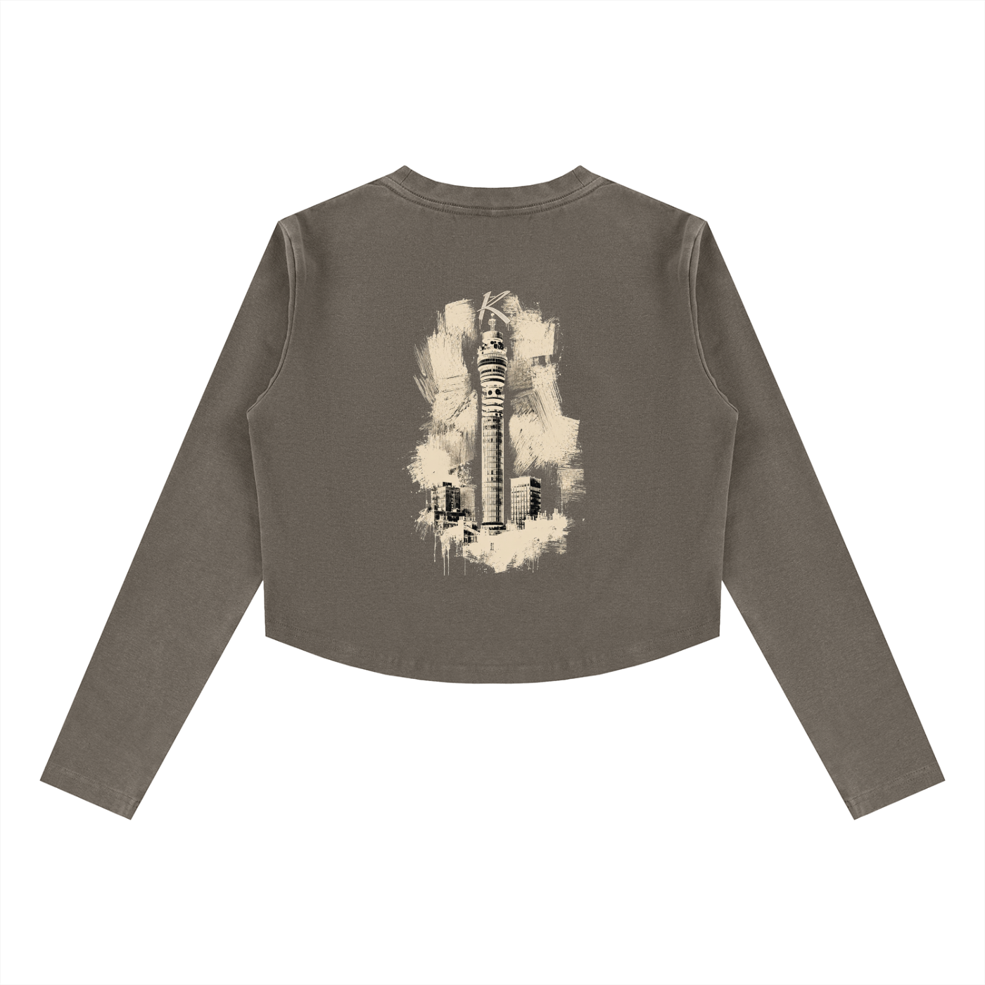 Urban Fashion & Streetwear | Craftklart grey vintage wash long sleeve slim-fit crop top with city tower graphic print