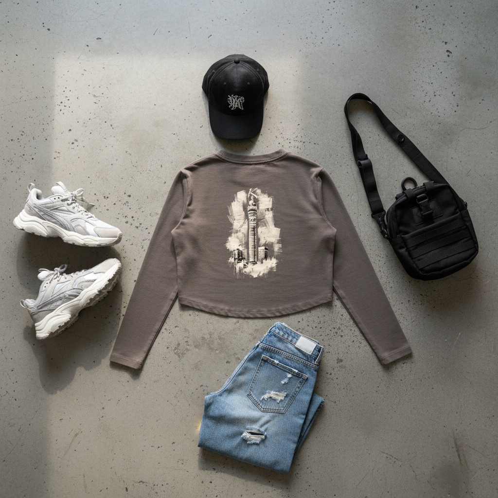 Urban Fashion & Streetwear | Craftklart vintage wash slim long-sleeve crop top with graphic print, styled with jeans.