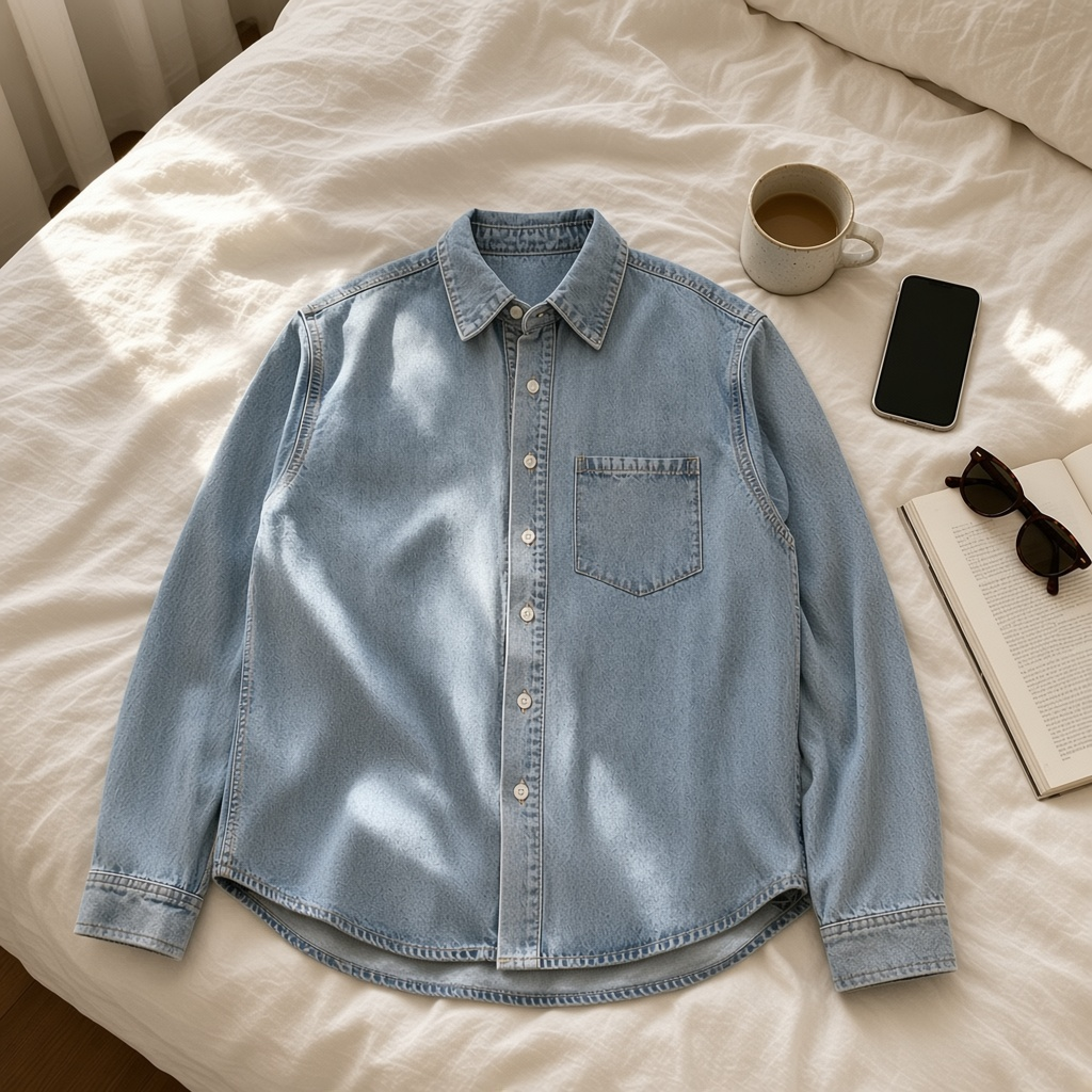 Urban Fashion & Streetwear | Craftklart unisex vintage wash denim shirt with long sleeves and patch pocket on bed