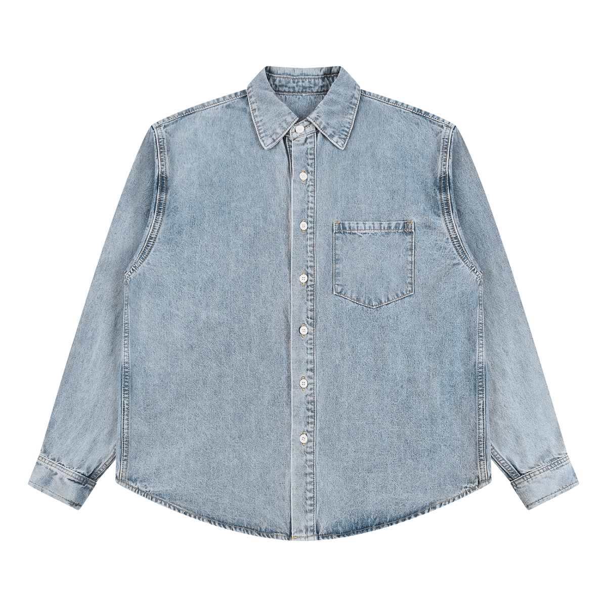 Urban Fashion & Streetwear | Craftklart unisex vintage wash denim shirt with long sleeves and a single chest pocket.