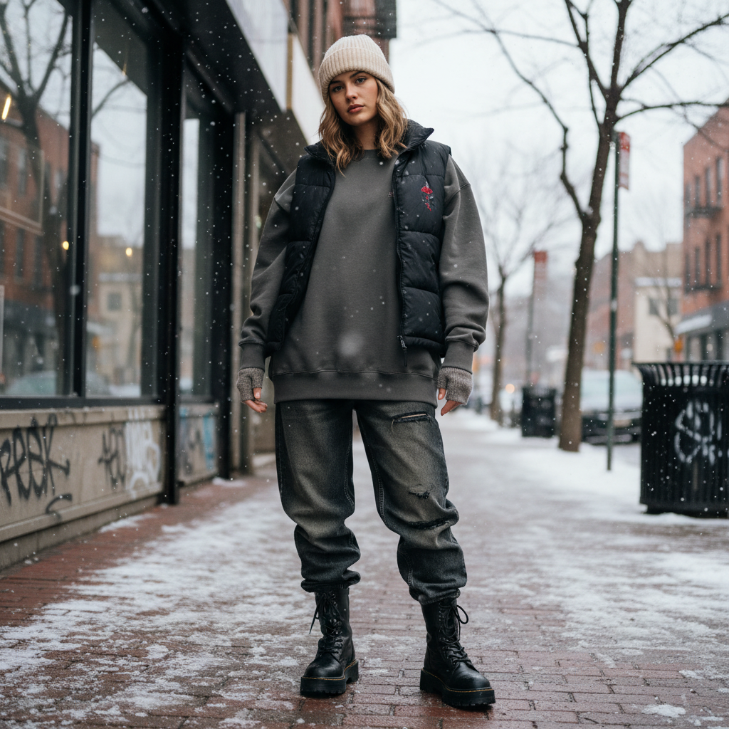 Urban Fashion & Streetwear | Craftklart oversized grey crewneck sweatshirt with rose detail worn under a black vest