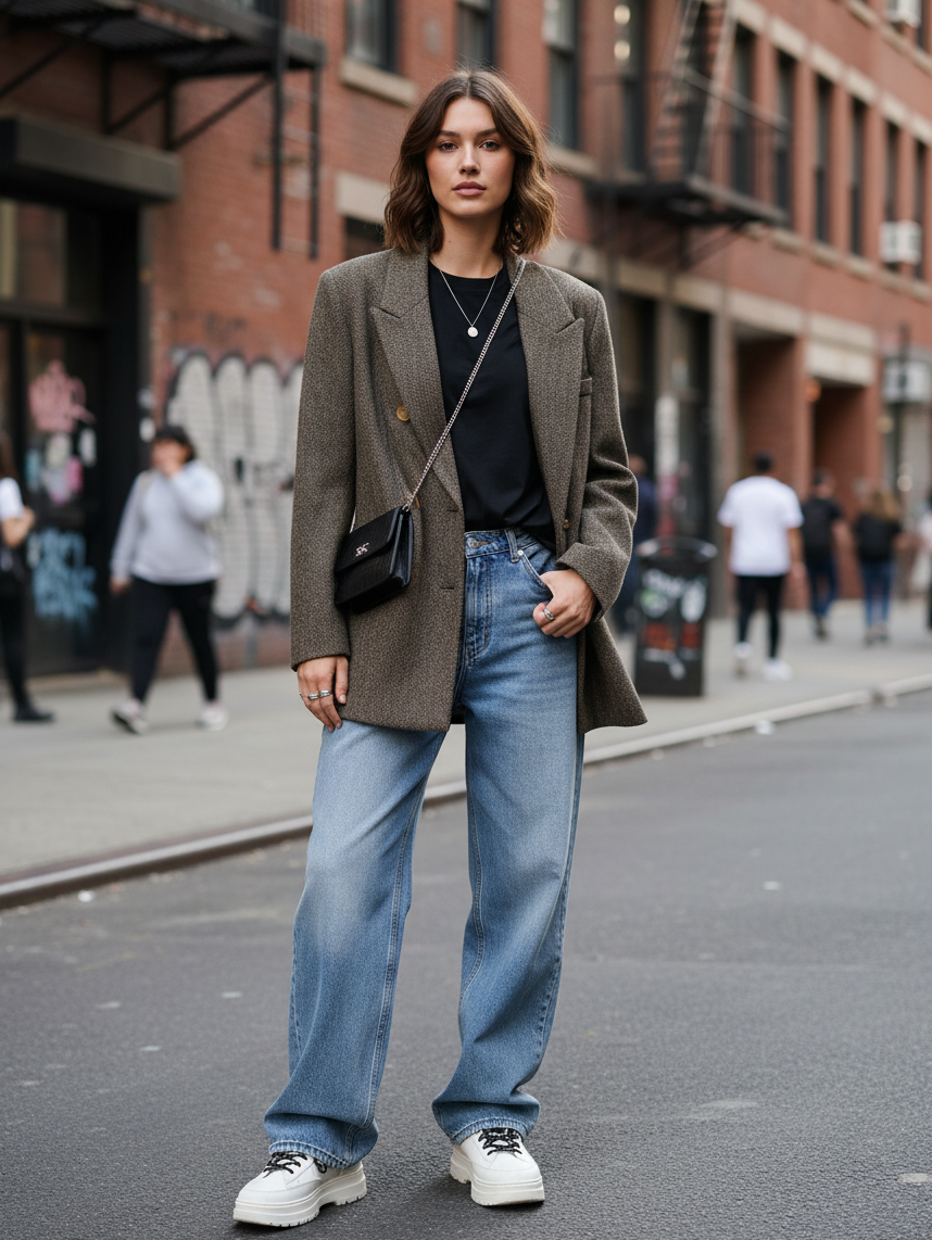 Urban Fashion & Streetwear | Craftklart vintage brown wool-blend double-breasted blazer worn with jeans on city street