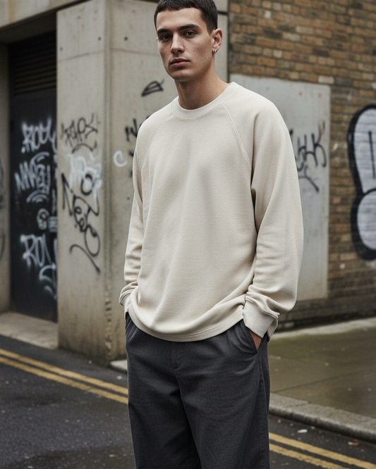 A model wearing a light apricot Urban Fashion & Streetwear | Craftklart waffle-knit long sleeve tee with raglan sleeves.