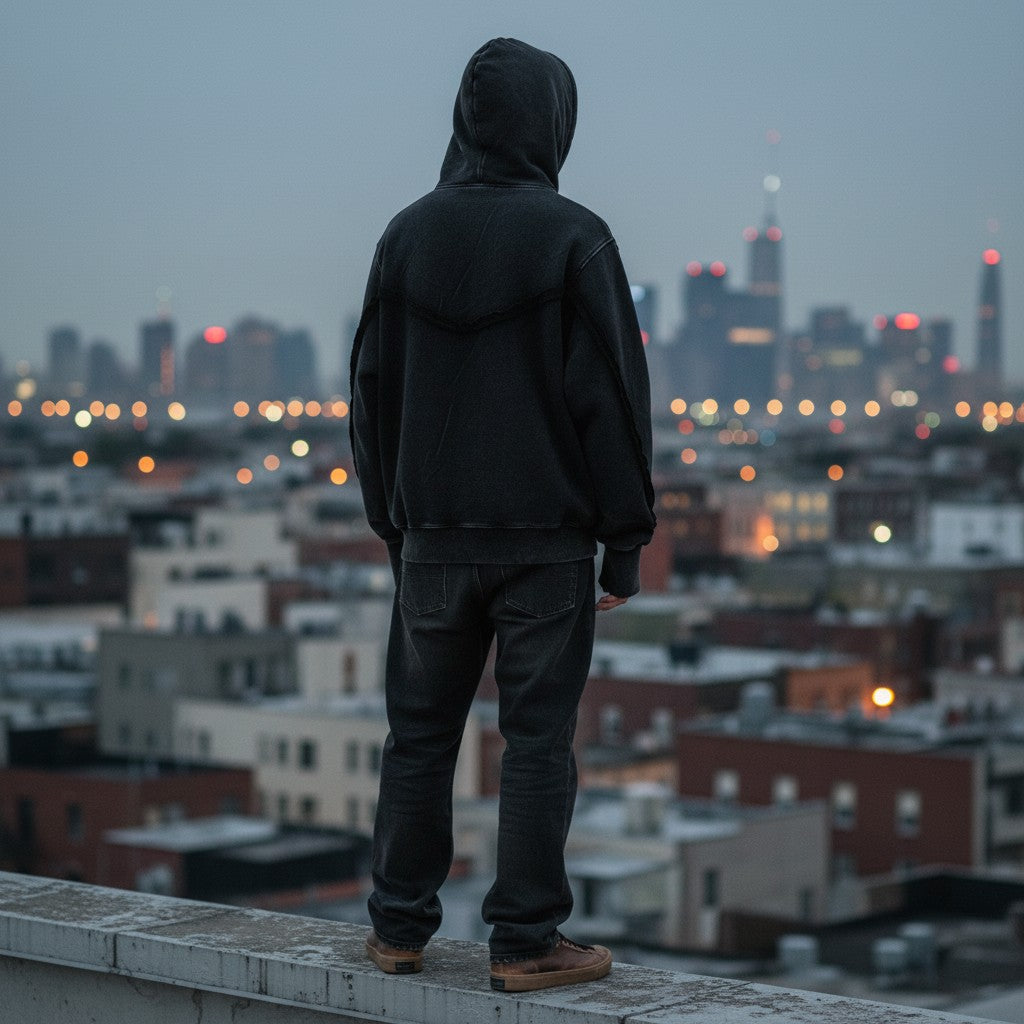 Urban Fashion & Streetwear | Craftklart washed black asymmetric hoodie with raw-edge fringe on a rooftop at dusk