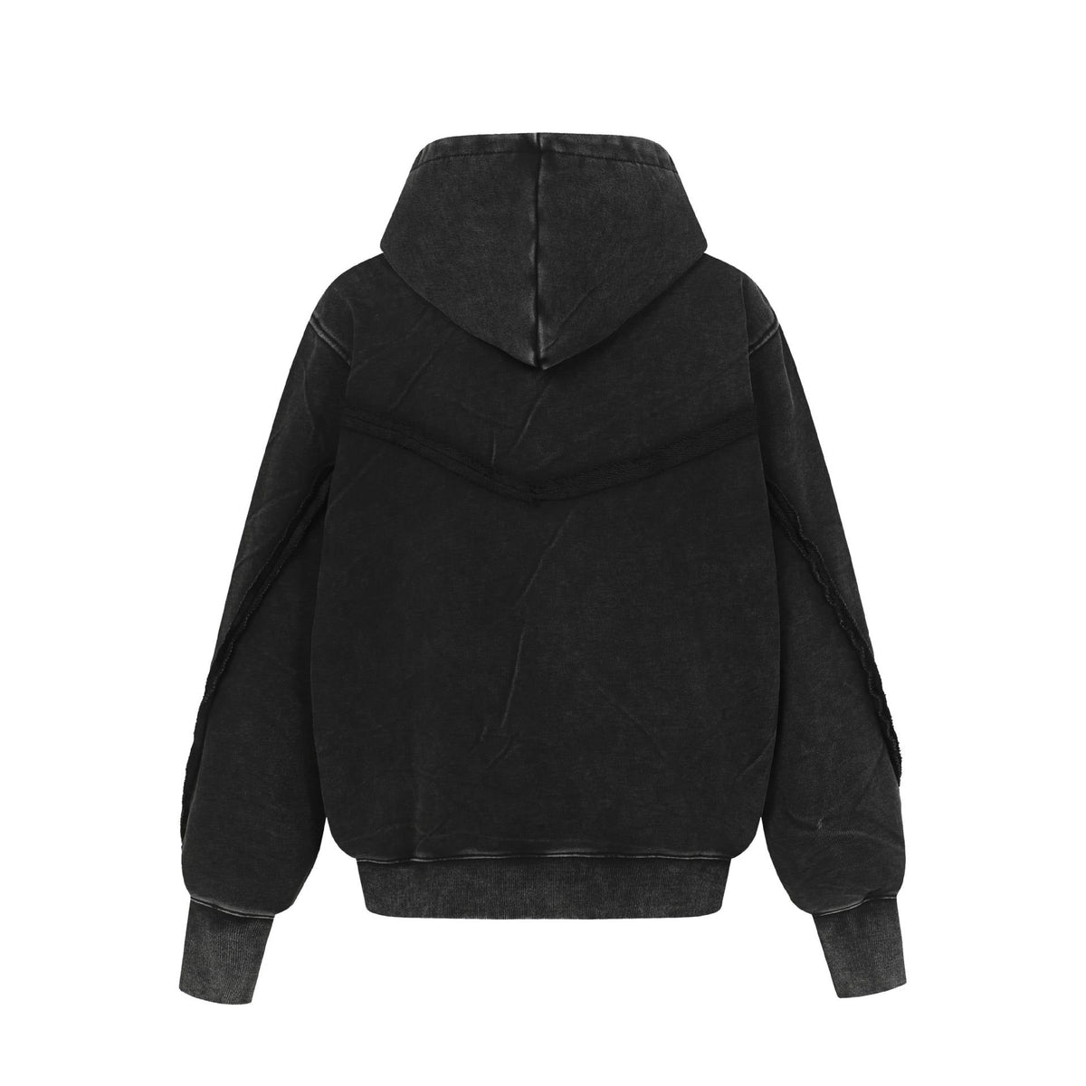 Back view of Urban Fashion & Streetwear | Craftklart washed black heavyweight hoodie with raw-edge seam detailing.