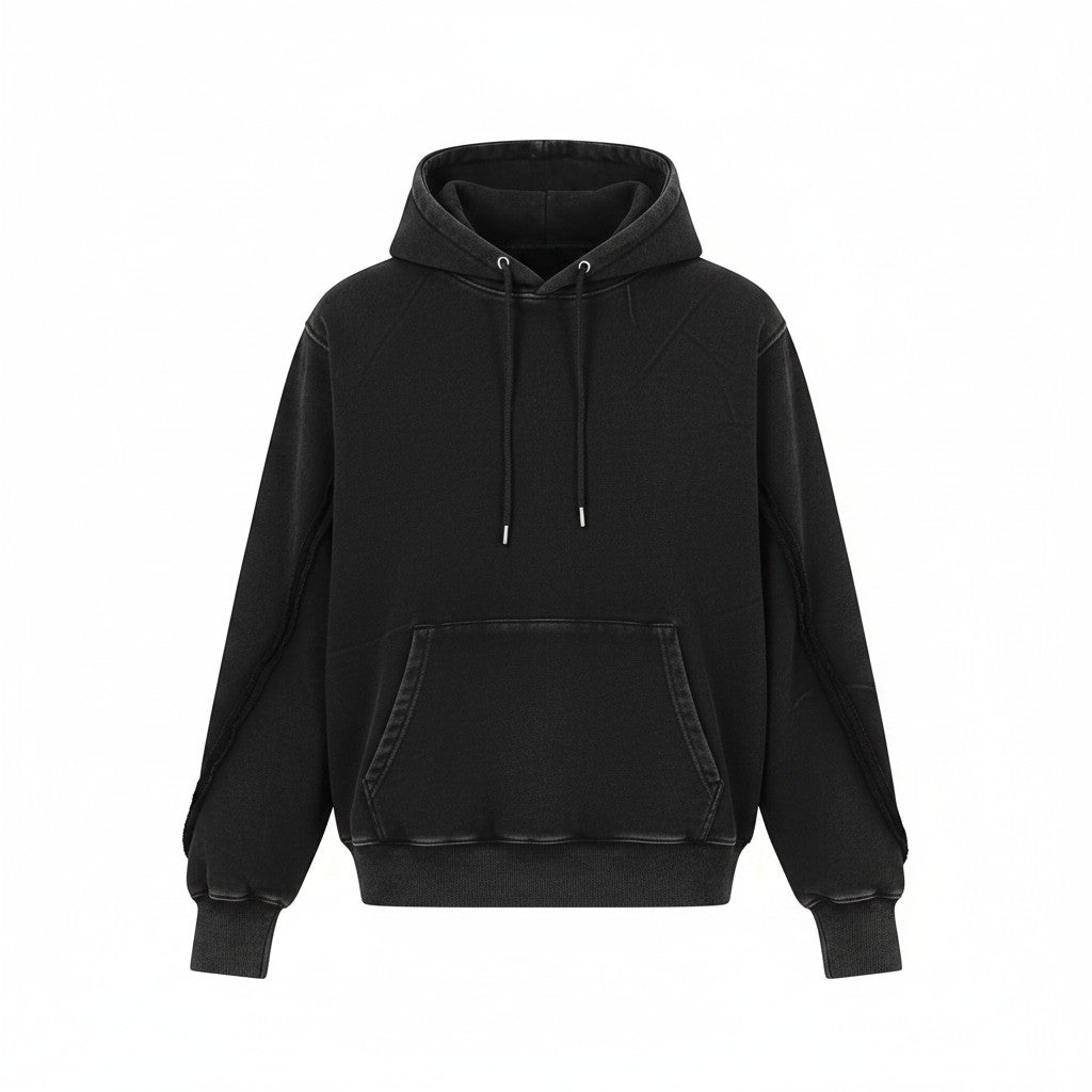 Urban Fashion & Streetwear | Craftklart washed black heavyweight hoodie with a structured hood and ribbed cuffs.