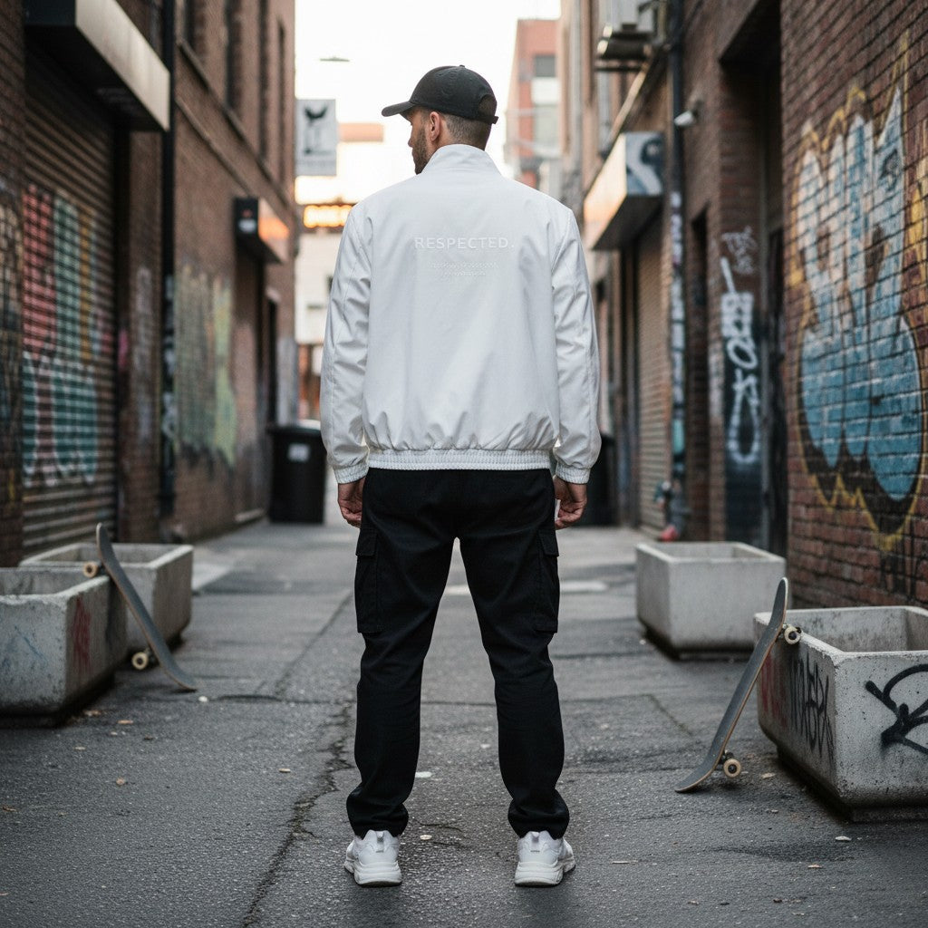 Man wearing Urban Fashion & Streetwear | Craftklart white full zip bomber jacket with back typography in an alleyway