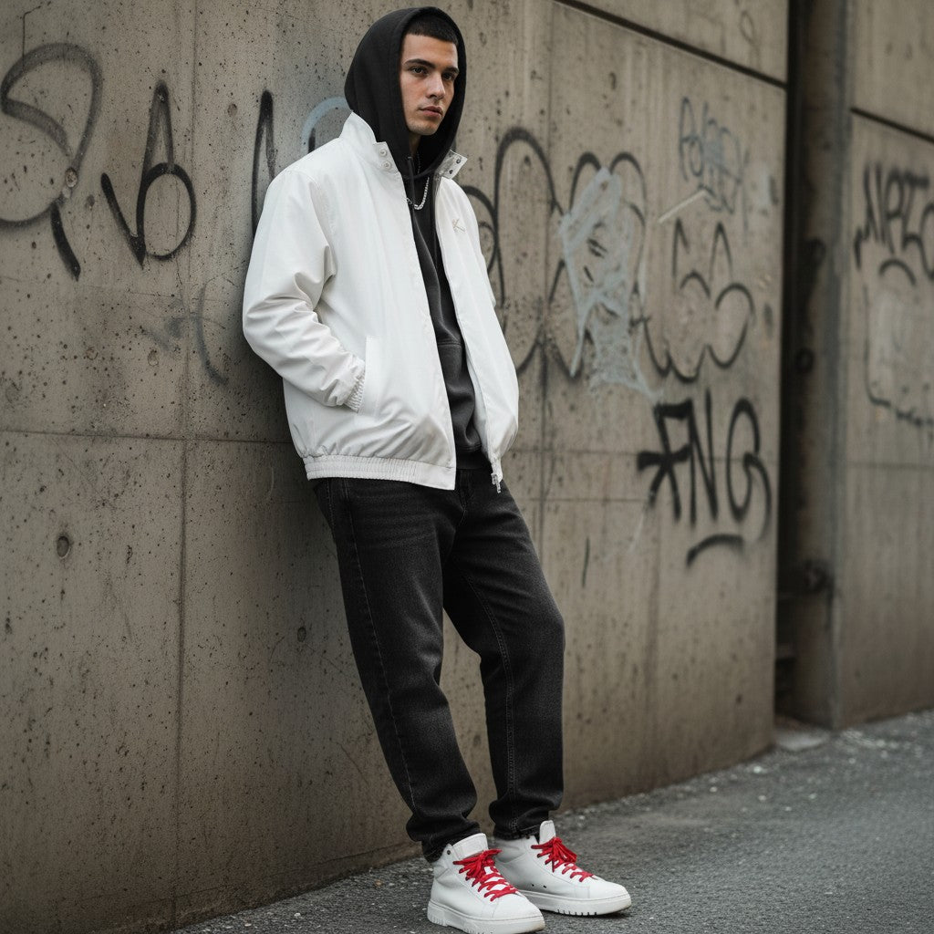Urban Fashion & Streetwear | Craftklart K Stand Collar Bomber Jacket in white worn over a black hoodie and jeans