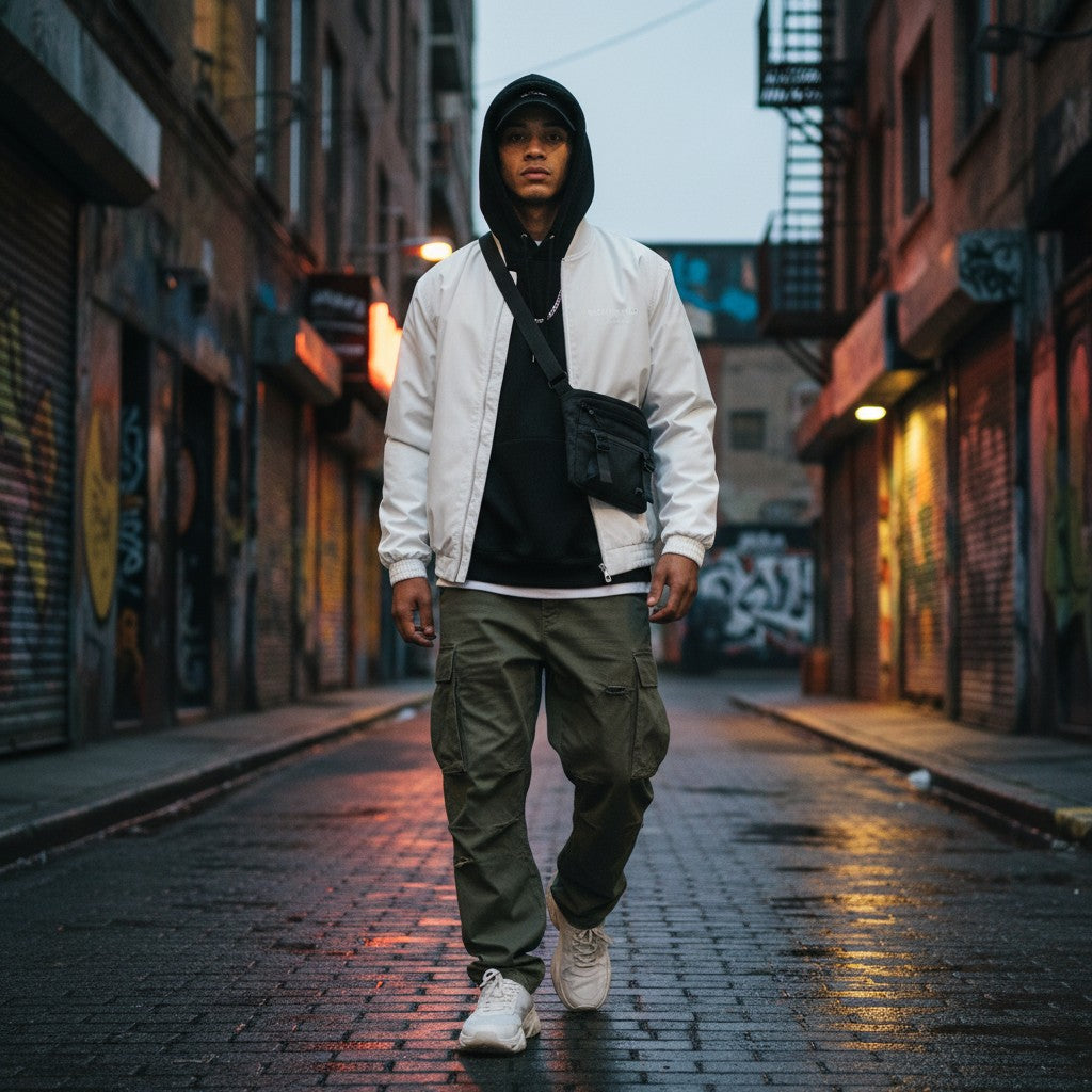 Urban Fashion & Streetwear | Craftklart white bomber jacket with stand collar worn by a man in an urban alleyway.