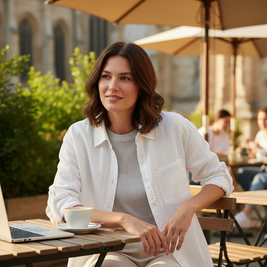 Woman wearing an Urban Fashion & Streetwear | Craftklart white button-down shirt over a grey tee at an outdoor cafe.